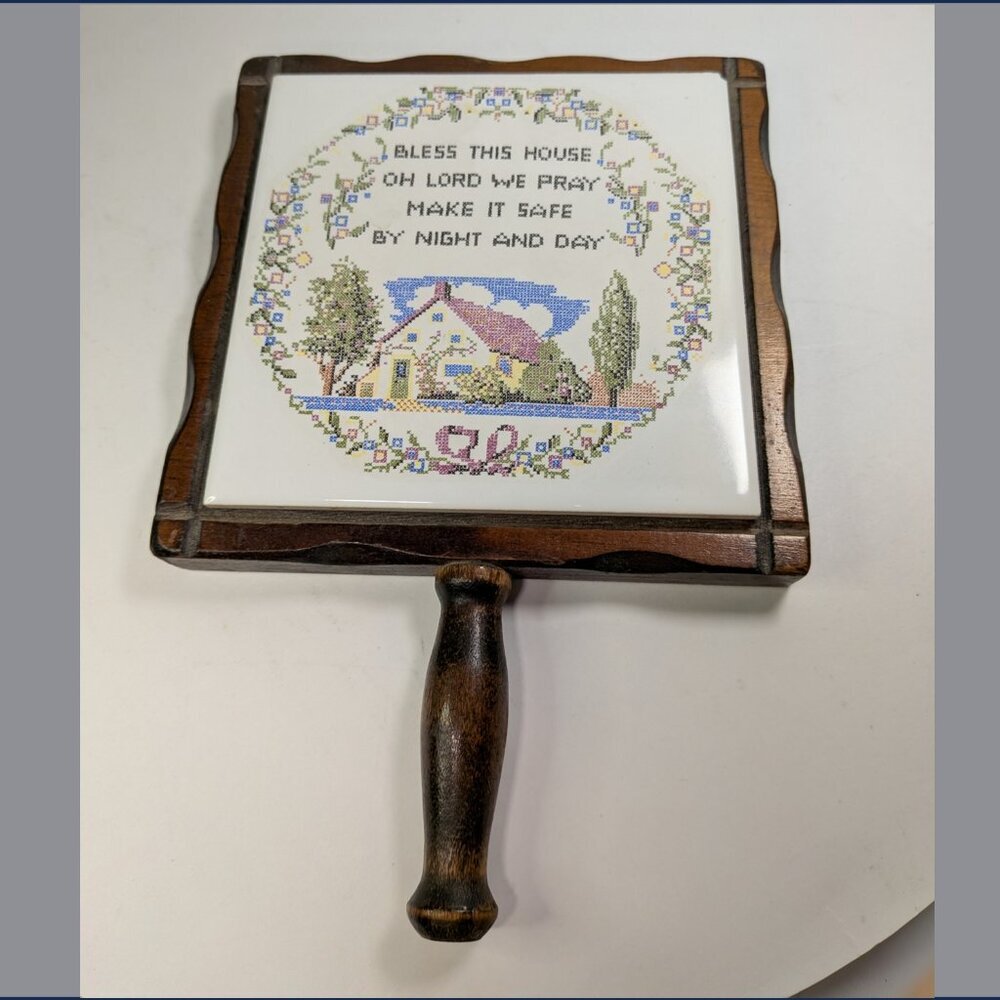 Vintage Bless This House Wood & Ceramic Plaque/Trivet Kitchen 1970s Handcrafted